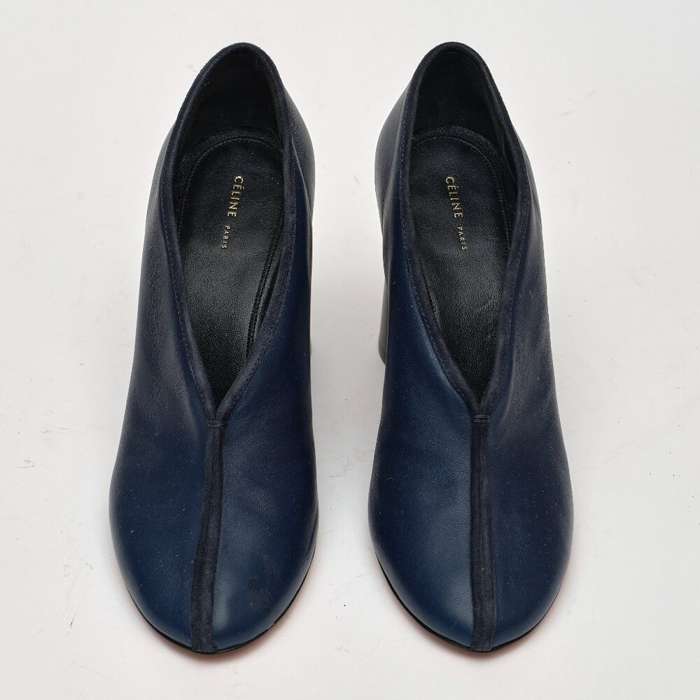 CELINE Navy Blue Leather V Neck Block Heel Pumps